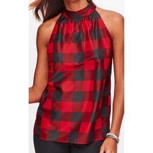 Talbots Tie Neck Halter Top Blouse Size 16 Red & Black Buffalo Check NEW